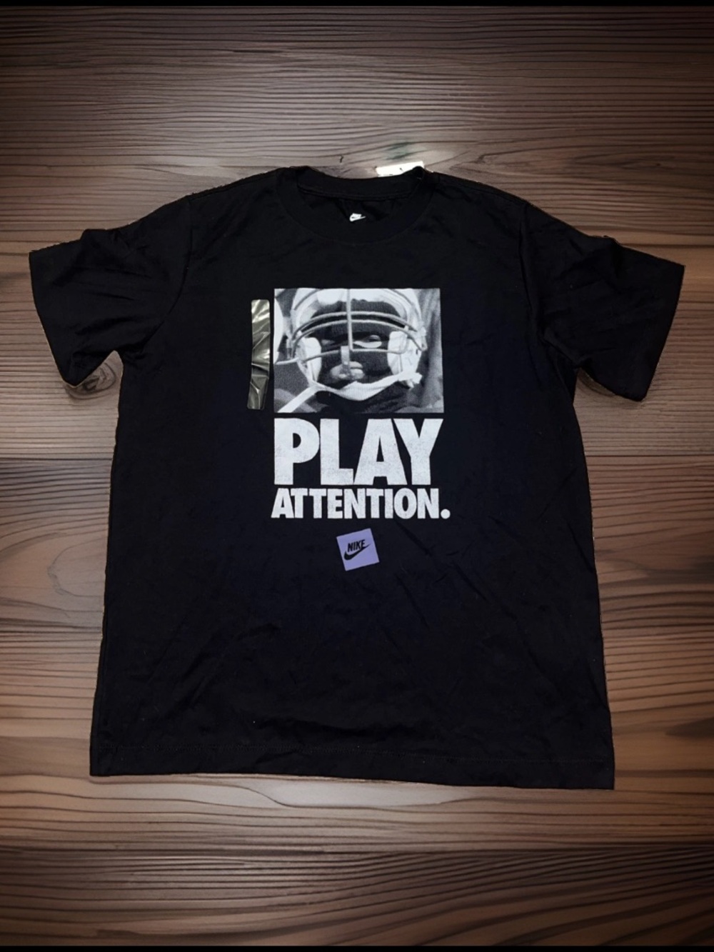 Nike Youth Black 'Play Attention' Graphic & A Bold Football-Helmet COTTON Shirt